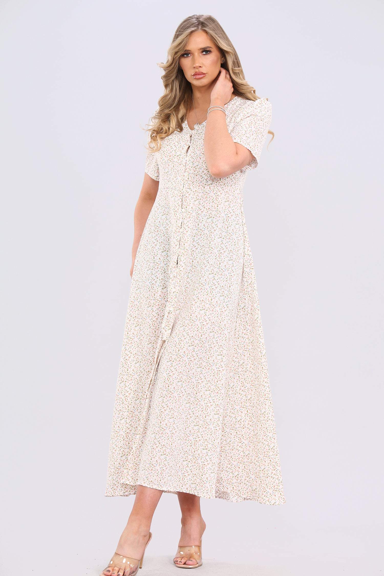 Love Sunshine White Ditsy Floral Short Sleeve Maxi Dress LS-2155