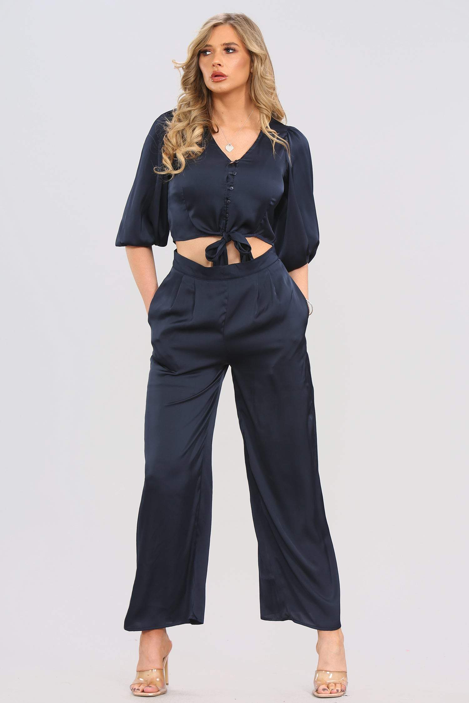 Love Sunshine Navy Brushed Satin Co-ord Trousers Set Co ord sets LS-2163