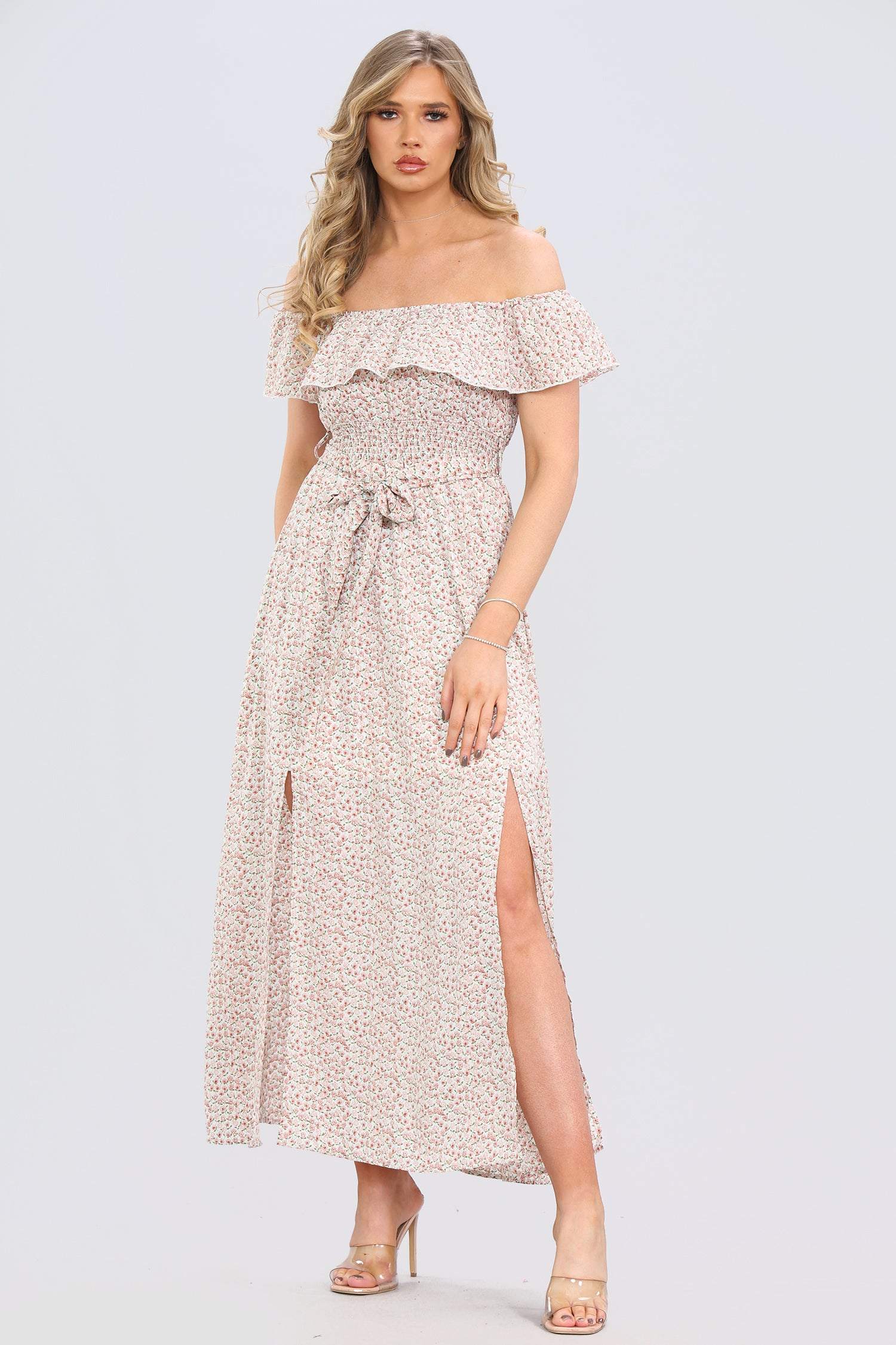 Love Sunshine Cream Ditsy Floral Print Frill Bardot Maxi Dress LS-6012
