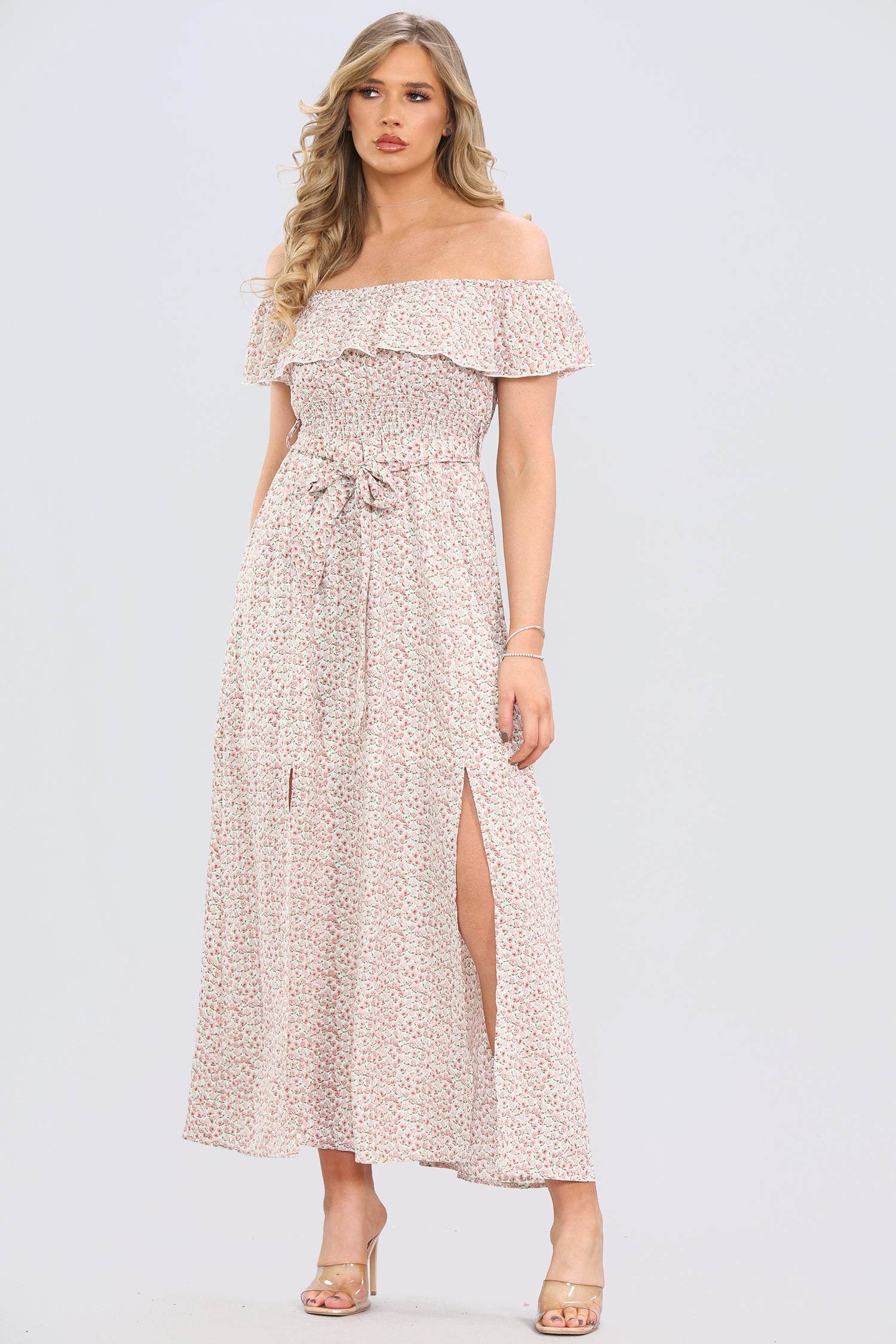 Love Sunshine Cream Ditsy Floral Print Frill Bardot Maxi Dress LS-6012