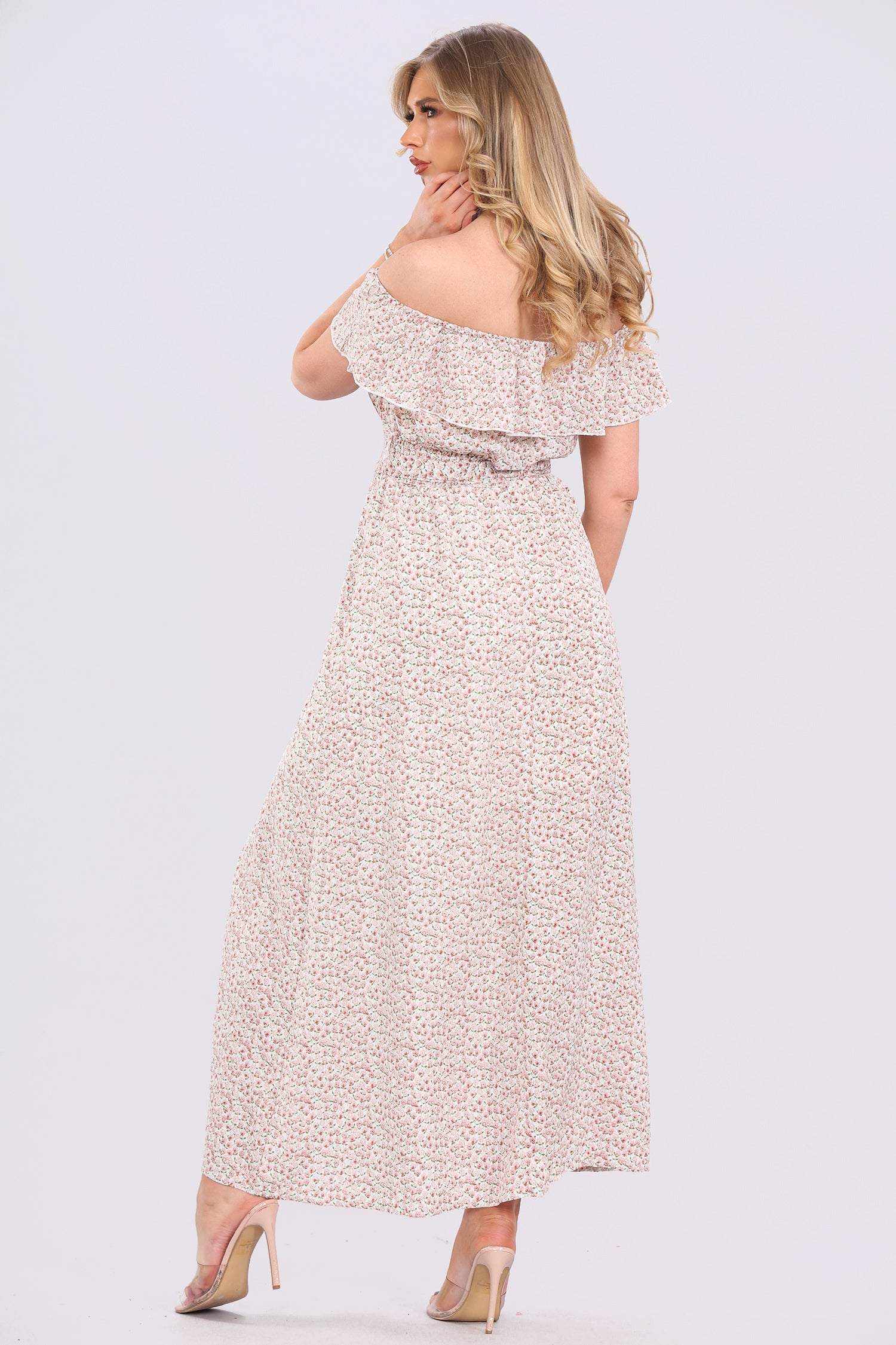 Love Sunshine Cream Ditsy Floral Print Frill Bardot Maxi Dress LS-6012