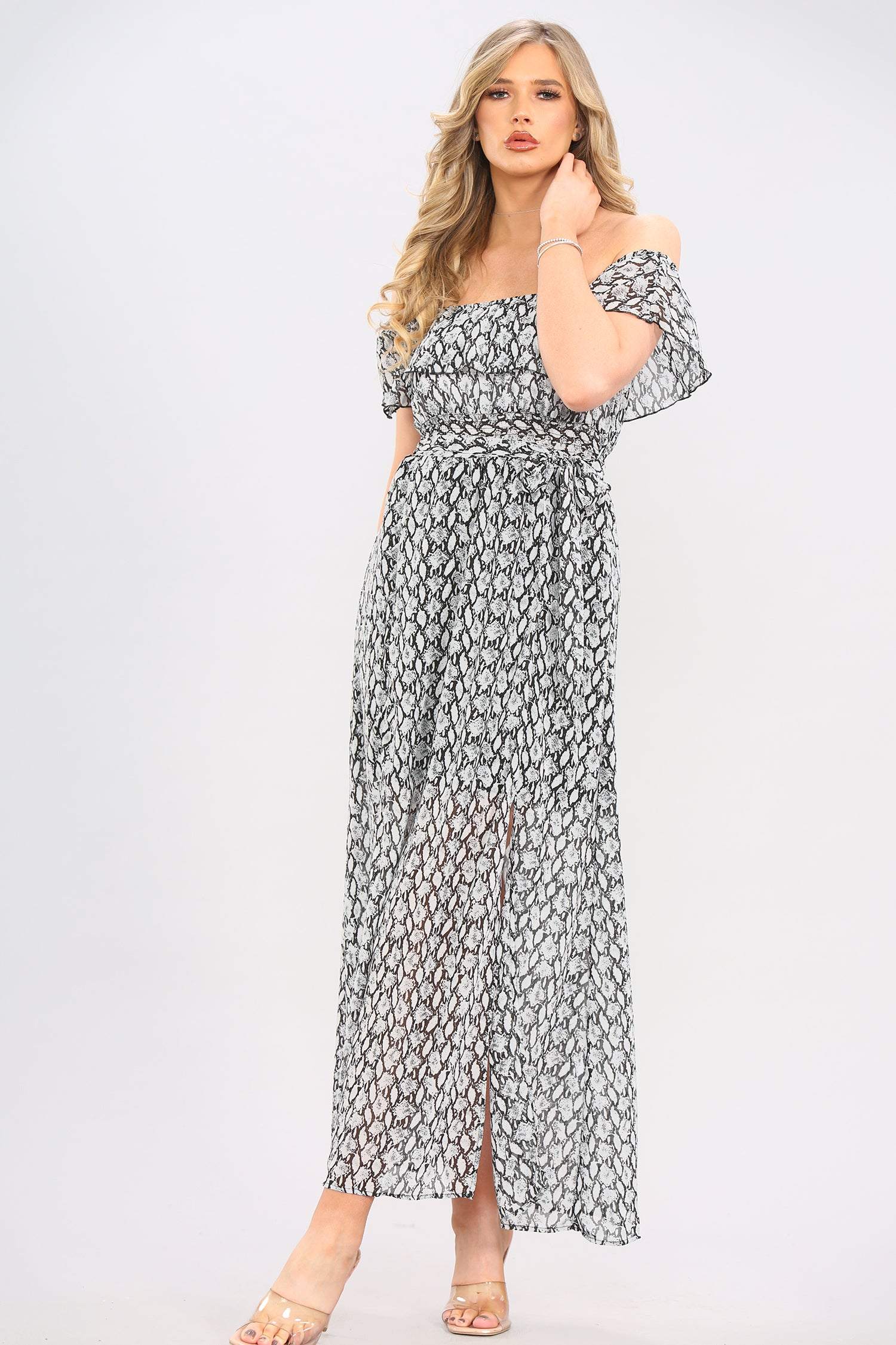 Love Sunshine Grey Snake Print Frill Bardot Maxi Dress LS-6012