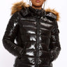 Love Sunshine Black Wet Look Puffer Jacket with Faux Fur Hood LS-8101