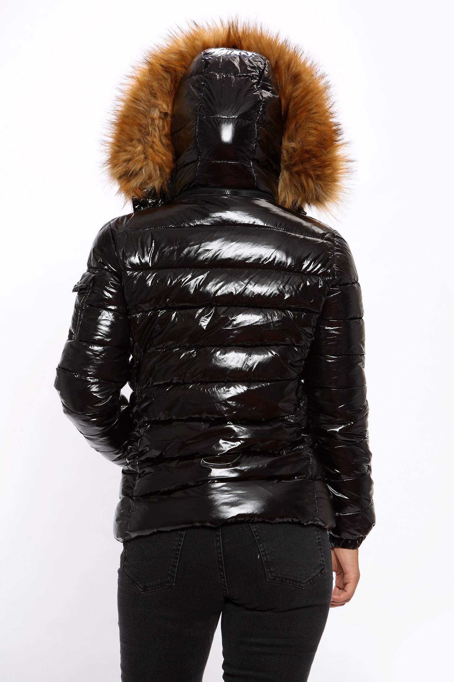 Love Sunshine Black Wet Look Puffer Jacket with Faux Fur Hood LS-8101