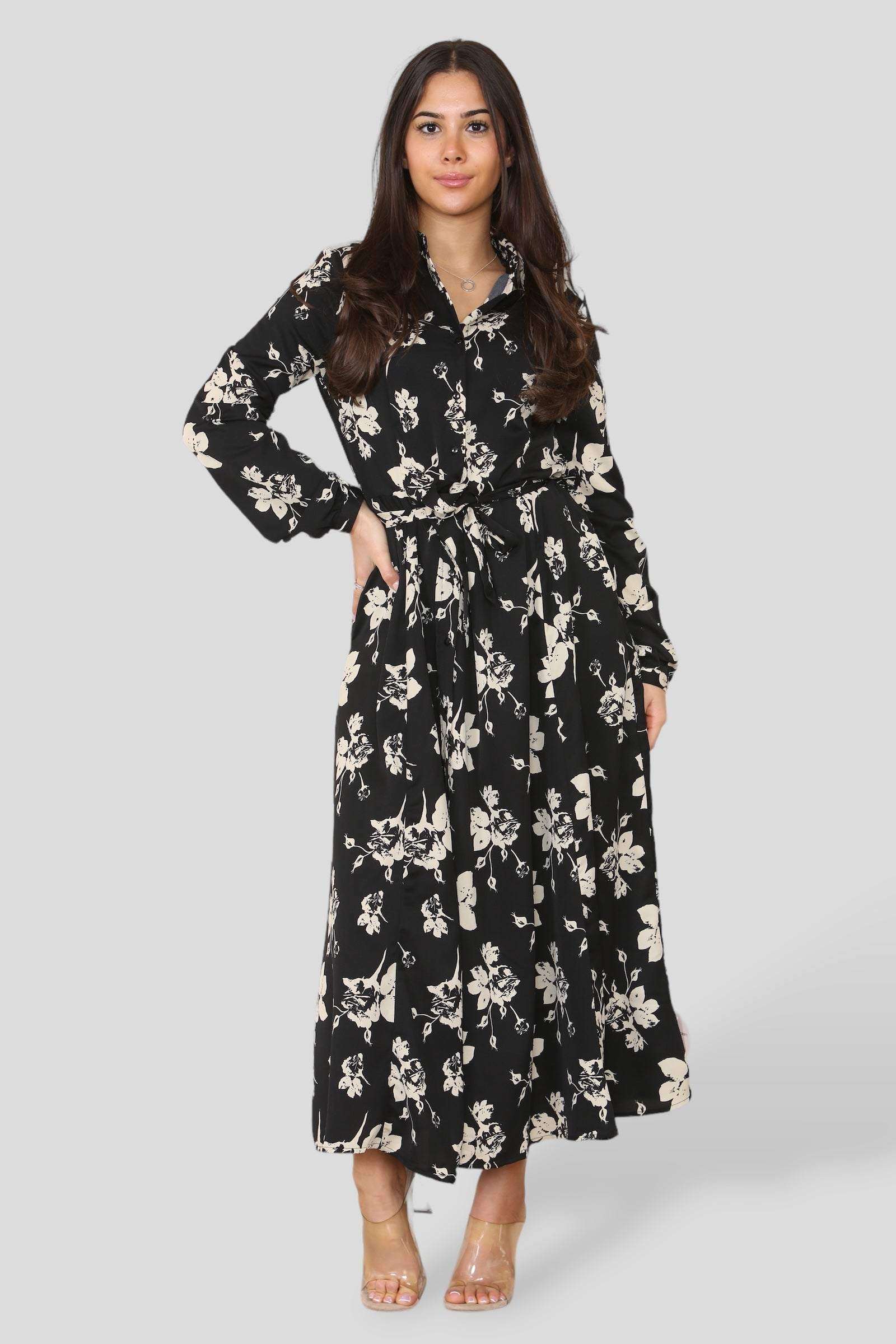 Love Sunshine Black Floral Print Long Sleeve Midaxi Shirt Dress Brunch Dress Casual Dress DB Dress with Pockets Everyday Dress Garden Party Dress Long Sleeve Dress LS-2037 Wedding Guest Dress Workwear Dress