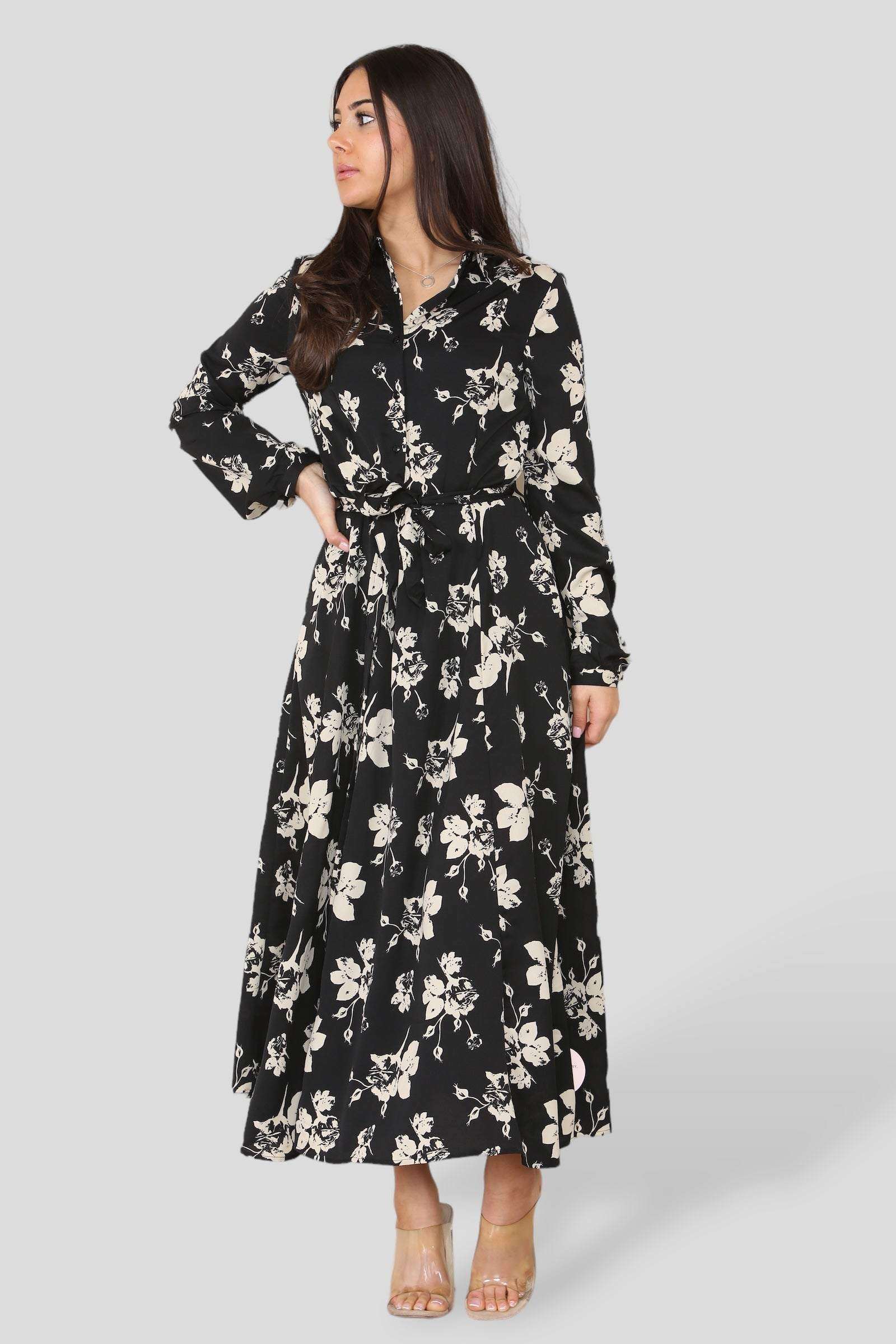 Love Sunshine Black Floral Print Long Sleeve Midaxi Shirt Dress Brunch Dress Casual Dress DB Dress with Pockets Everyday Dress Garden Party Dress Long Sleeve Dress LS-2037 Wedding Guest Dress Workwear Dress