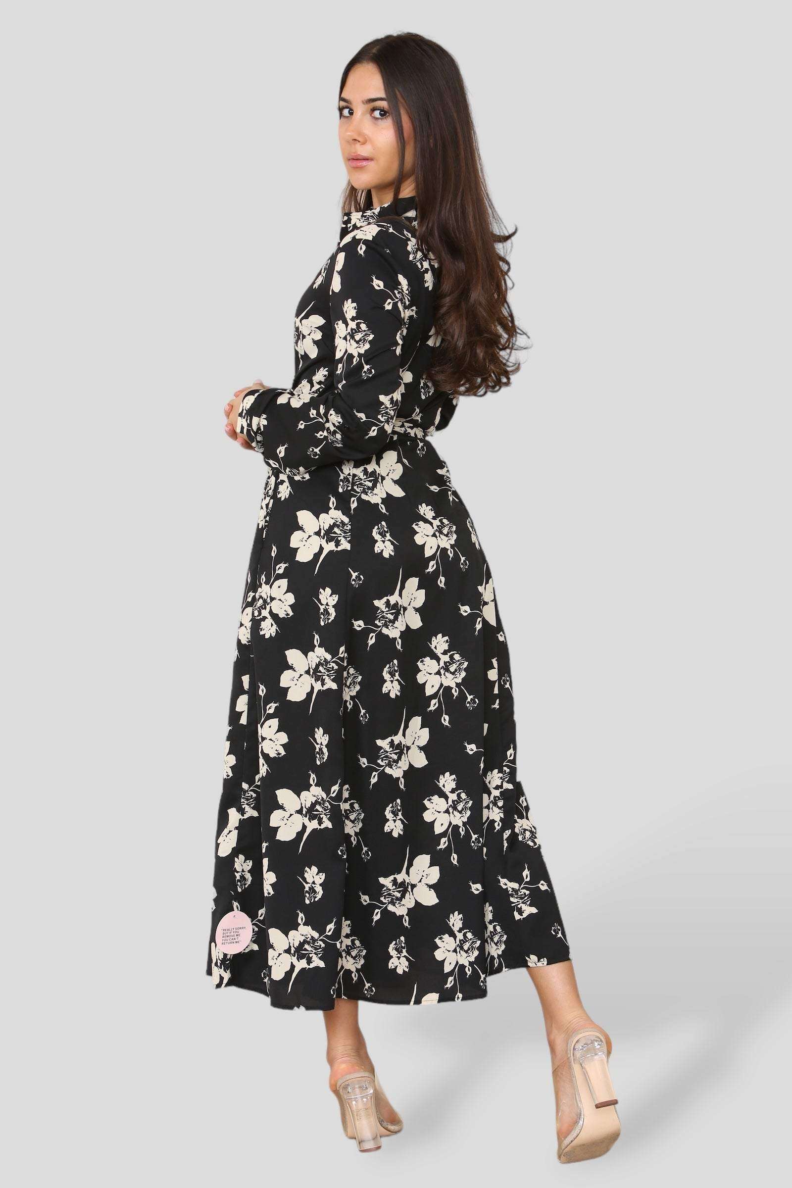 Love Sunshine Black Floral Print Long Sleeve Midaxi Shirt Dress Brunch Dress Casual Dress DB Dress with Pockets Everyday Dress Garden Party Dress Long Sleeve Dress LS-2037 Wedding Guest Dress Workwear Dress