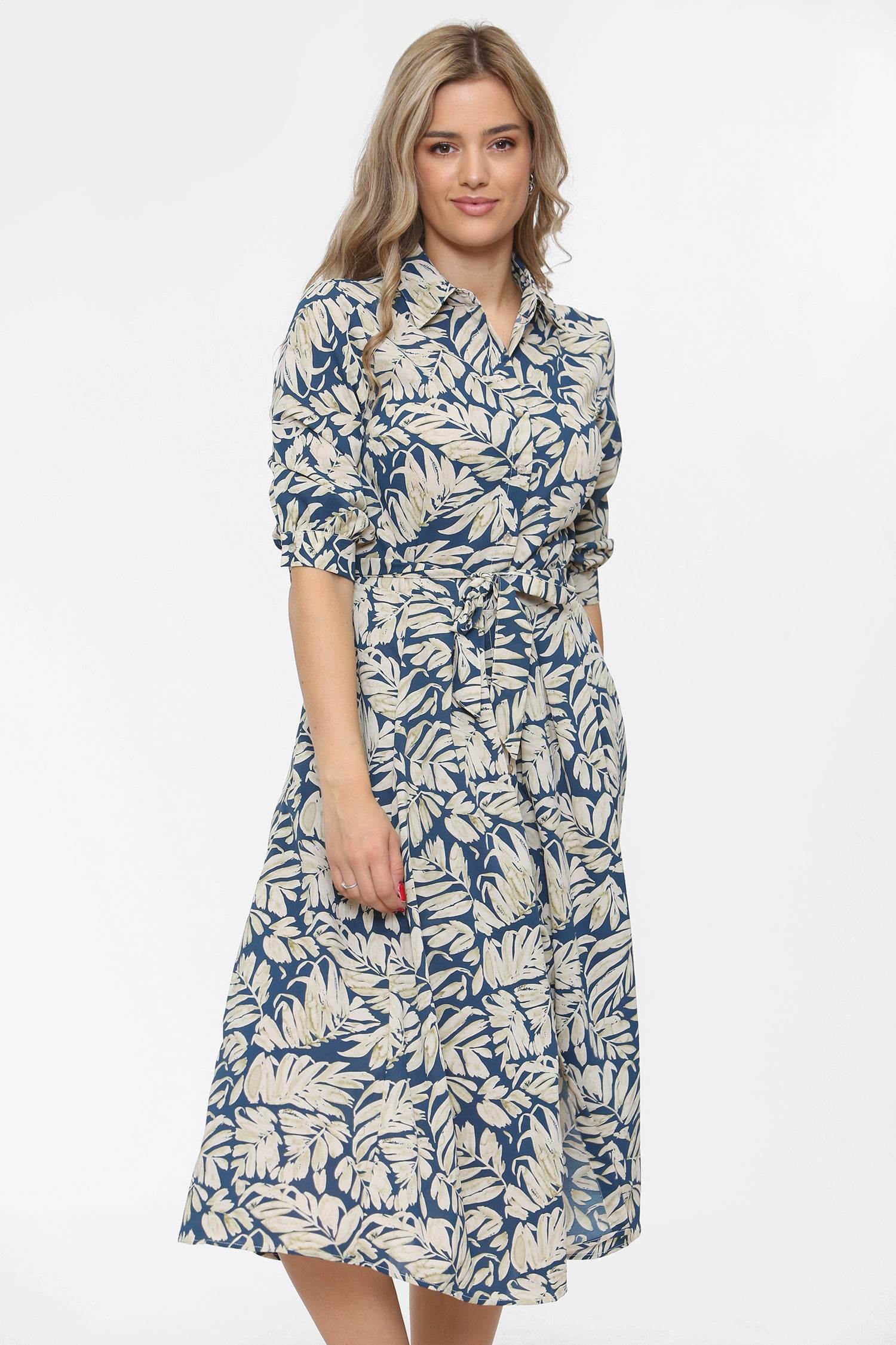 Love Sunshine Blue Leaf Print Half Sleeve Midi Shirt Dress Casual Dress Dress with Pockets Everyday Dress LS-2045 Summer Dress Tea Dress