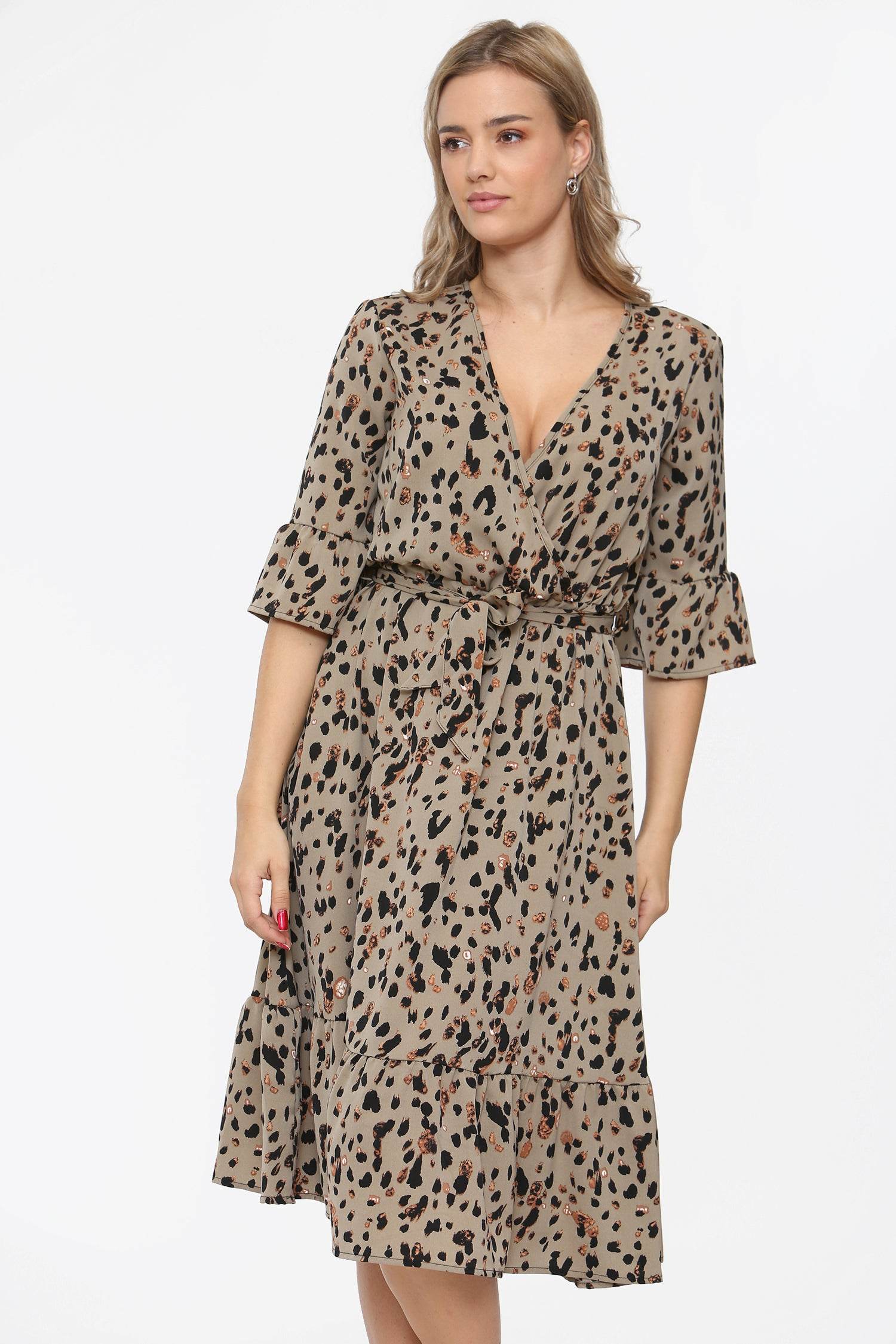 Love Sunshine Grey Leopard Printed Wrapped Midi Dress LS-2228
