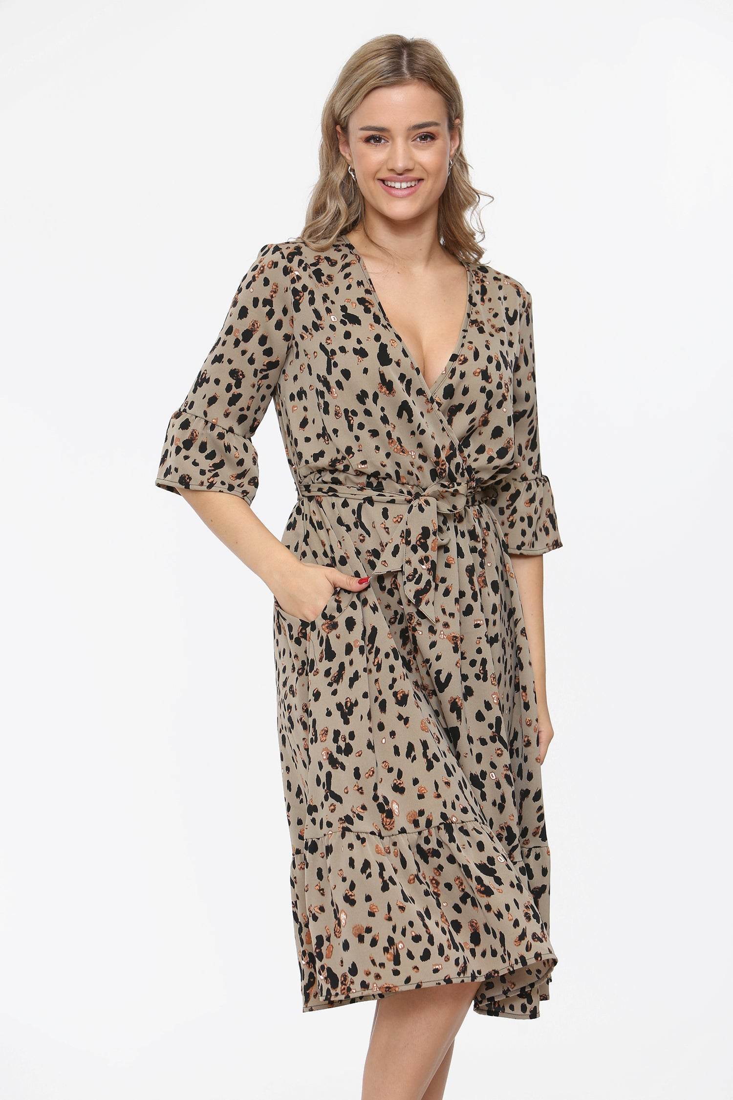 Love Sunshine Grey Leopard Printed Wrapped Midi Dress LS-2228