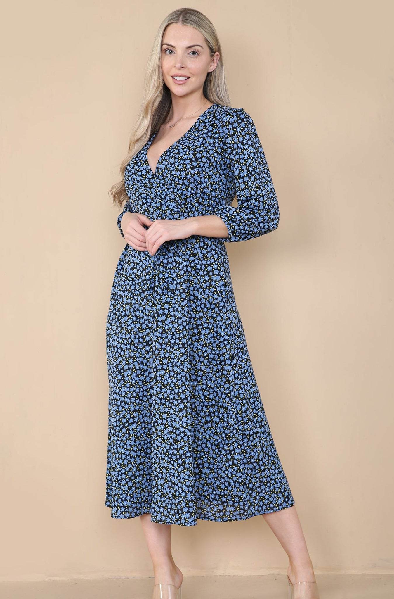 Love Sunshine Blue Floral Printed Wrapped Midi Dress LS-2258