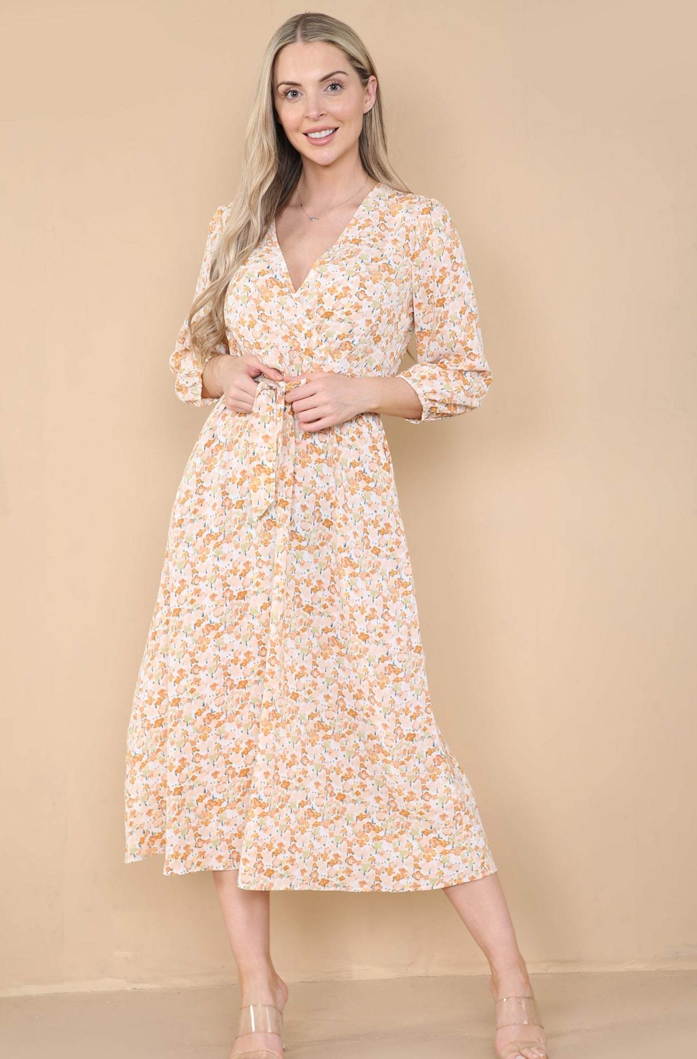 Love Sunshine Yellow Floral Printed Wrapped Midi Dress LS-2258