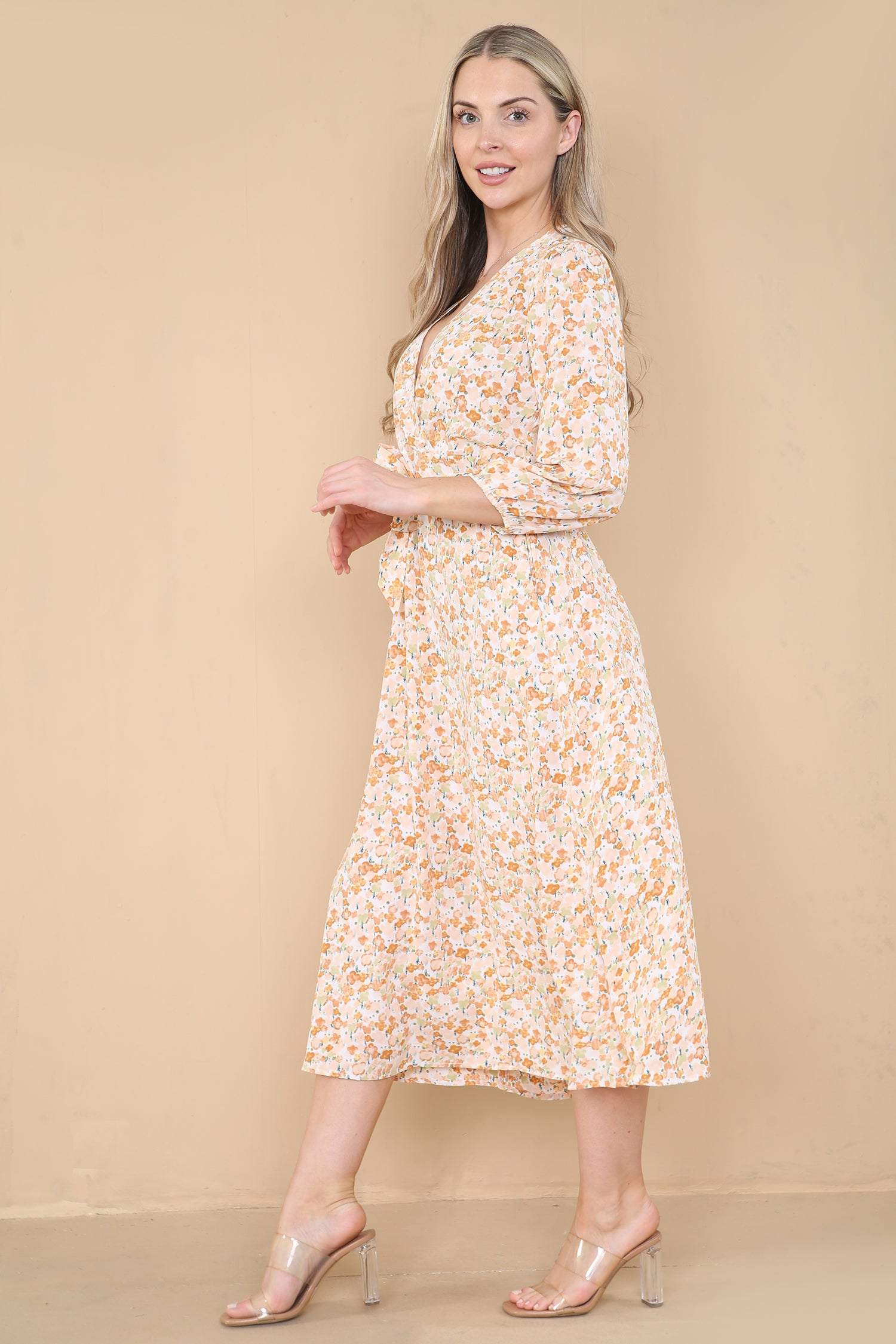 Love Sunshine Yellow Floral Printed Wrapped Midi Dress LS-2258