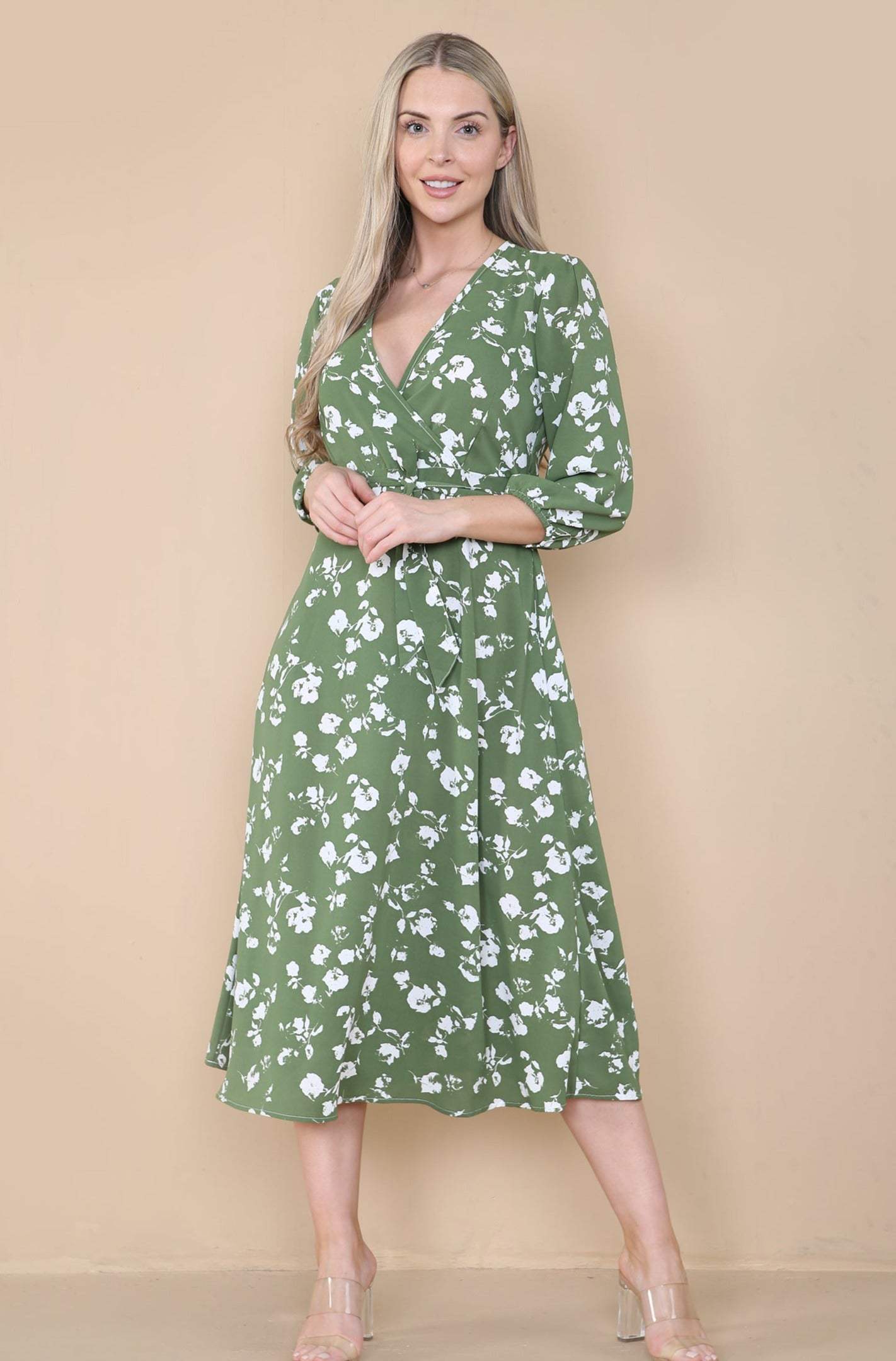 Love Sunshine Green Floral Printed Wrapped Midi Dress LS-2258
