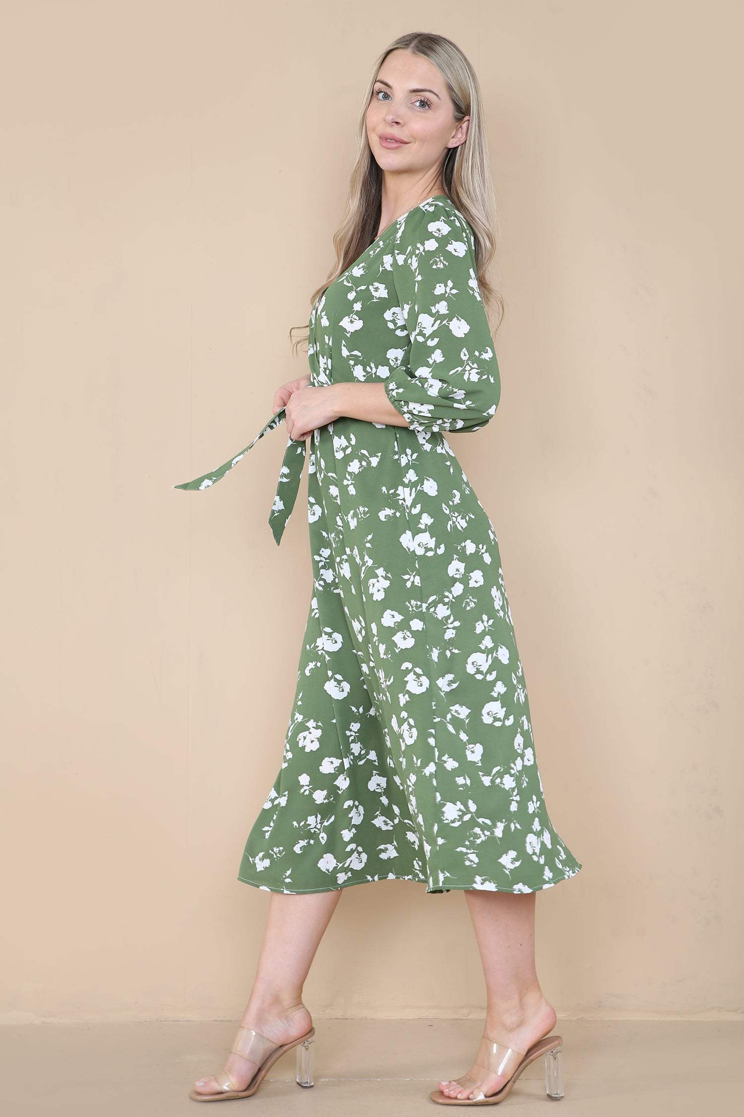 Love Sunshine Green Floral Printed Wrapped Midi Dress LS-2258