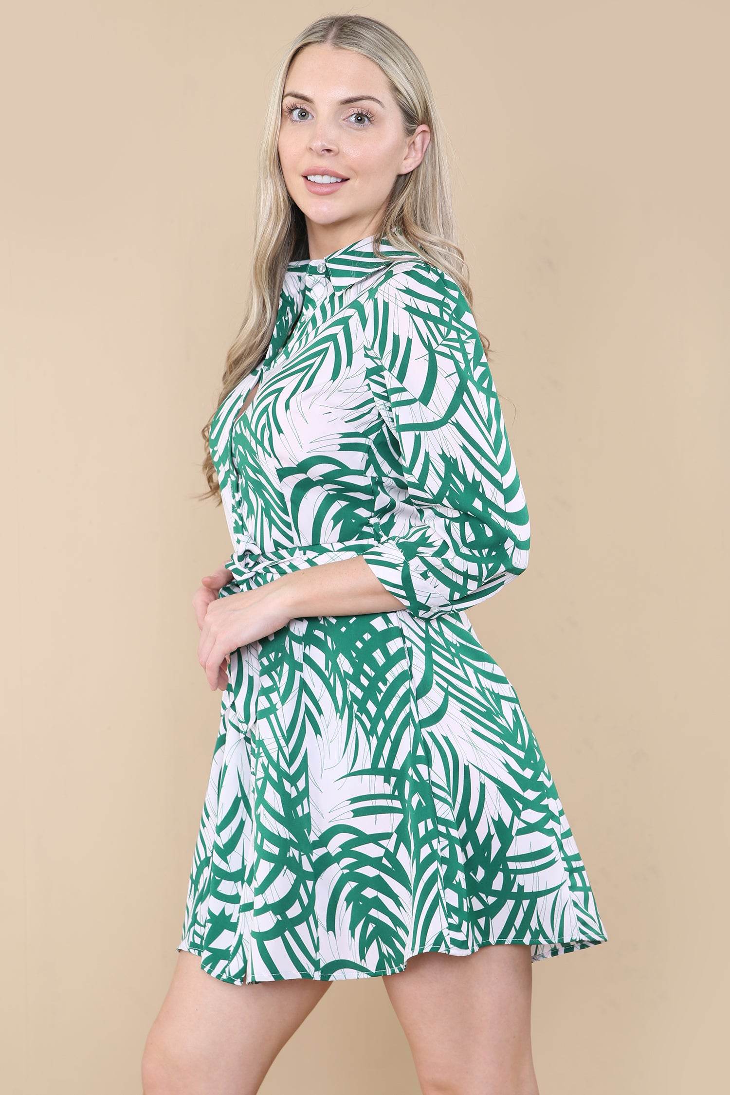Love Sunshine Green Palm Leaf Print Mini Shirt Dress Casual Dress Dress with Pockets Everyday Dress Holiday Dress LS-2143 Quarter Sleeve Dress Summer Dress