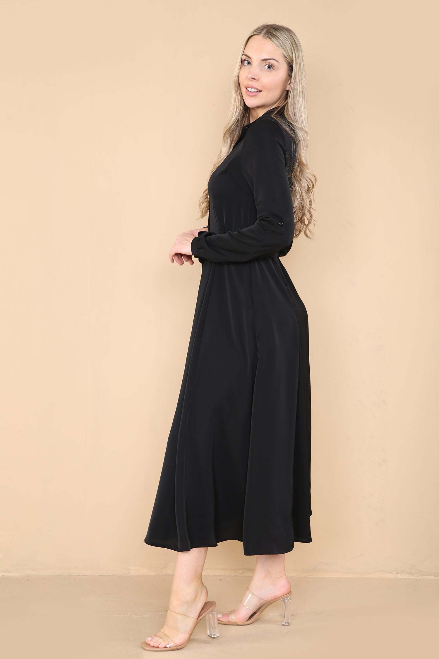 Love Sunshine Plain Black Midaxi Shirt Dress Brunch Dress Casual Dress DB Dress with Pockets Everyday Dress Long Sleeve Dress LS-2037 Workwear Dress