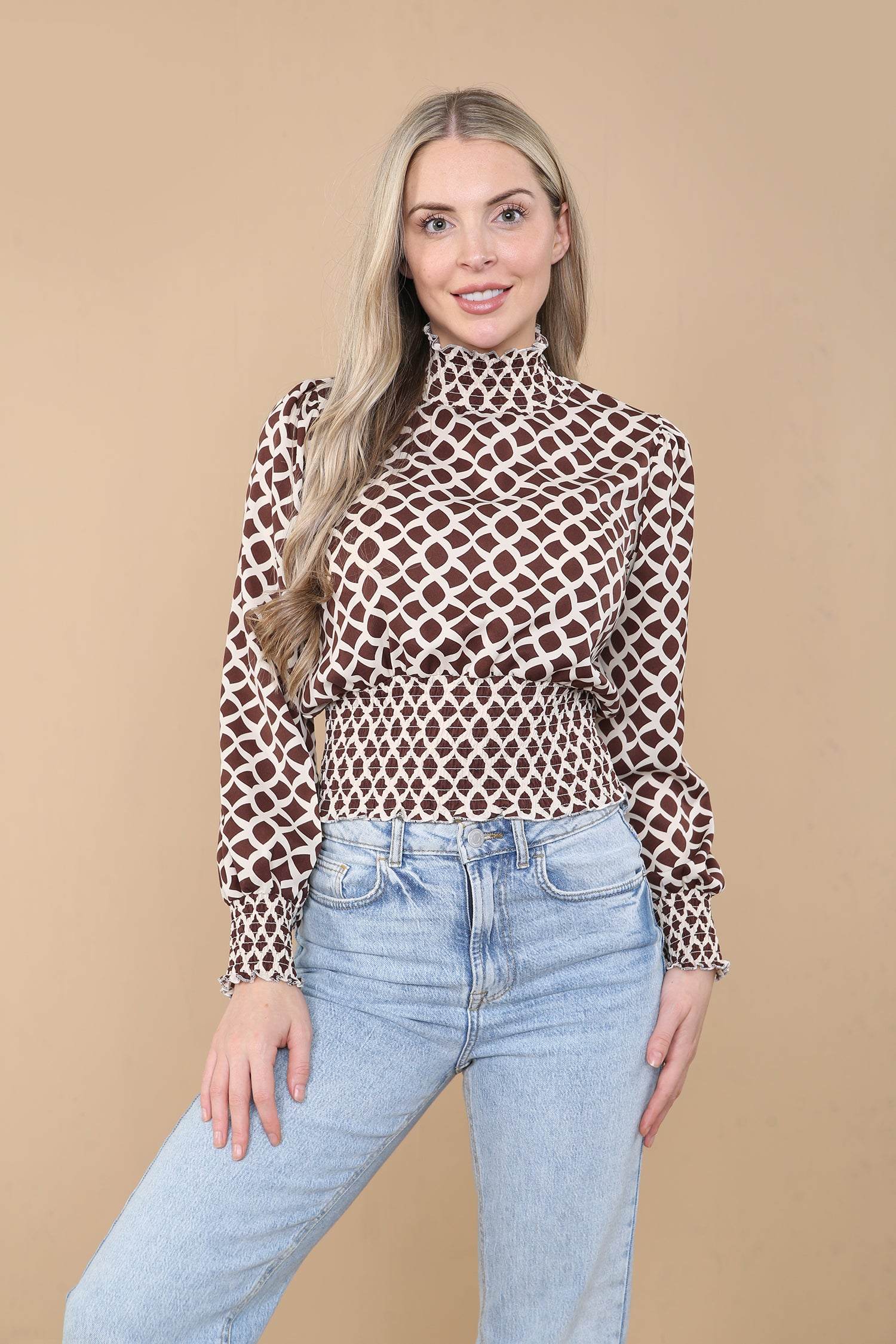 Love Sunshine Brown Geometric Print Shirred Waist Cropped Top Brunch Casual Everyday Garden Party LS-9088 Workwear