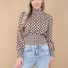 Love Sunshine Brown Geometric Print Shirred Waist Cropped Top Brunch Casual Everyday Garden Party LS-9088 Workwear