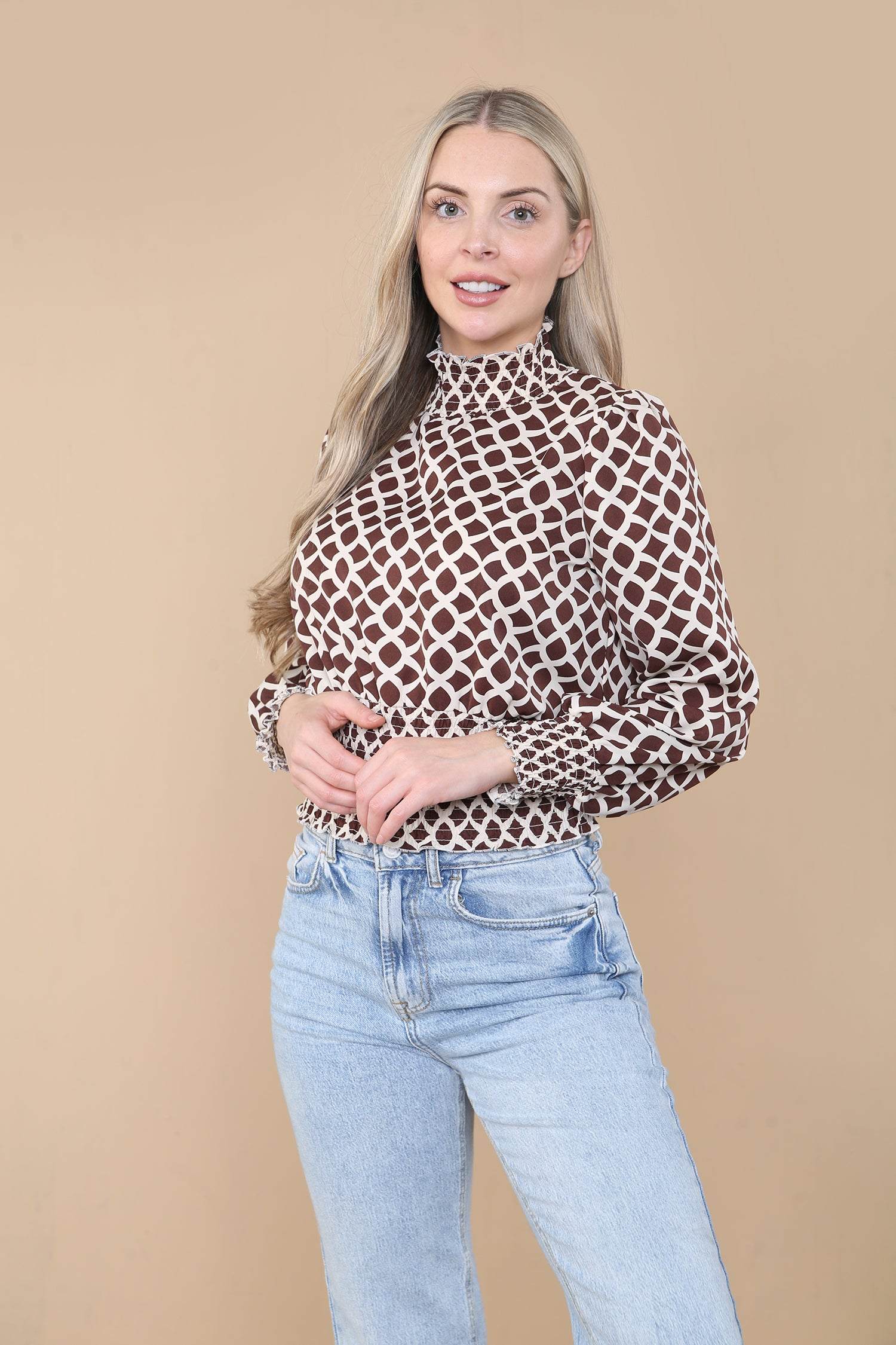 Love Sunshine Brown Geometric Print Shirred Waist Cropped Top Brunch Casual Everyday Garden Party LS-9088 Workwear