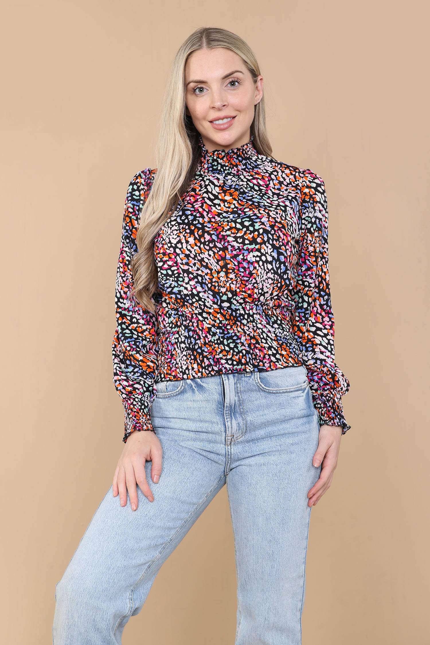 Love Sunshine Rainbow Leopard Shirred Waist Cropped Top Brunch Casual Everyday Garden Party LS-9088 Workwear