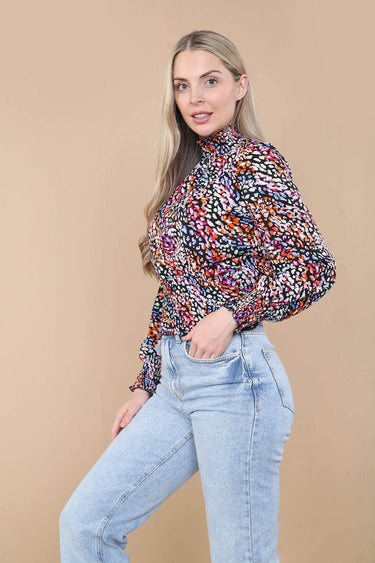 Love Sunshine Rainbow Leopard Shirred Waist Cropped Top Brunch Casual Everyday Garden Party LS-9088 Workwear