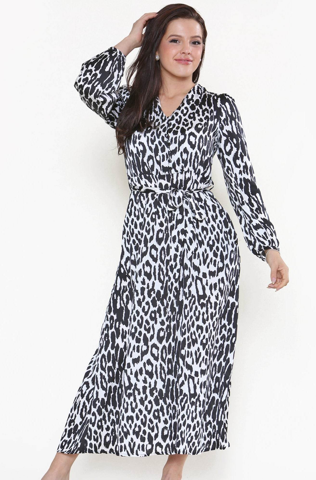 Love Sunshine White Leopard Printed V Neck Satin Midaxi Dress LS-2247
