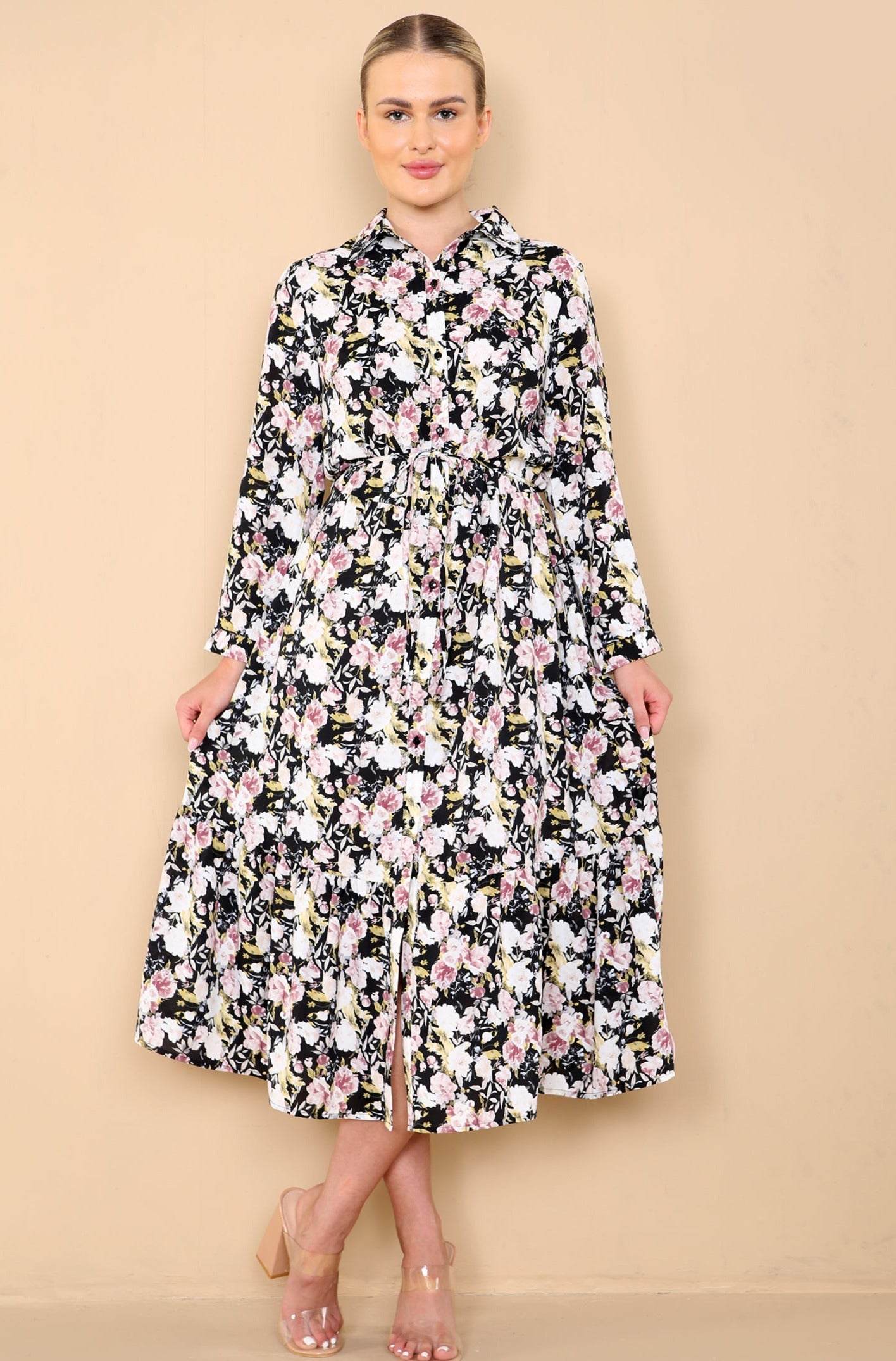 Love Sunshine Rose Floral Print Black Midaxi Shirt Dress Brunch Dress Casual Dress Dress with Pockets Everyday Dress Garden Party Dress Long Sleeve Dress LS-2037